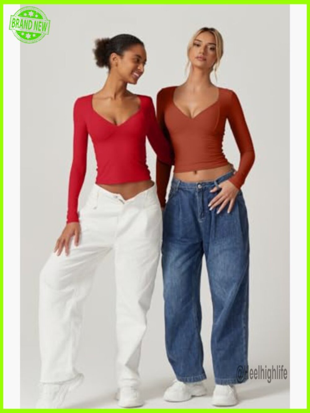 Double Lined Seamed Cup Cropped Long Sleeve V-Neck T-Shirt - Picture 6 of 7